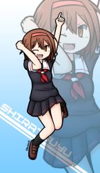 Rule 34 | 1girl, ;d, absurdres, arms up, black serafuku, black shirt, black skirt, black socks, blue background, brown eyes, brown footwear, brown hair, character name, commentary request, gradient background, hair between eyes, highres, kantai collection, loafers, looking at viewer, neckerchief, one eye closed, open mouth, outstretched arm, pleated skirt, raythalosm, red neckerchief, school uniform, serafuku, shiratsuyu (kancolle), shirt, shoes, short hair, short sleeves, skirt, smile, socks, solo, twitter username, white background, zoom layer