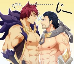 Rule 34 | 2boys, abs, artist name, bara, beard, black hair, blush, collar, facial hair, gauntlets, kaiki (osuppai), large pectorals, league of legends, male focus, manly, mature male, multiple boys, muscular, muscular male, nipples, pectoral cleavage, pectoral docking, pectoral press, pectorals, puffy chest, scar, sett (league of legends), sideburns, smile, sweat, sylas (league of legends), tattoo, text focus, thick arms, yaoi