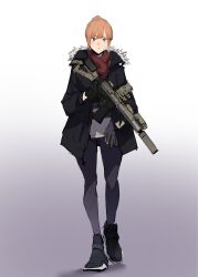 Rule 34 | 1girl, absurdres, assault rifle, black coat, black footwear, black gloves, breath, coat, full body, fur-trimmed coat, fur trim, gloves, grey eyes, grey pants, gun, highres, looking at viewer, m4 carbine, orange hair, original, pants, parted lips, pen guin15, red scarf, rifle, scarf, short hair, simple background, sketch, solo, tactical clothes, trigger discipline, weapon, white background