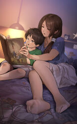 Rule 34 | 1boy, 1girl, absurdres, bed, black hair, blue shirt, book, feet, highres, jewelry, knees together feet apart, legs, long hair, mature female, mother and son, no shoes, original, ponytail, reading, ring, shirt, side ponytail, skirt, soles, toenails, toes, wedding ring, yewang19