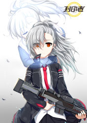 Rule 34 | 2girls, absurdres, black jacket, black skirt, closers, dress shirt, closed eyes, floating hair, gun, hair between eyes, hand on another&#039;s head, highres, holding, holding gun, holding weapon, hug, hug from behind, jacket, long hair, looking at viewer, miaozi-san, miniskirt, multiple girls, necktie, open clothes, open jacket, orange eyes, pleated skirt, ponytail, red neckwear, shirt, silver hair, skirt, standing, tina (closers), weapon, white background, white shirt