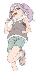 Rule 34 | 1girl, absurdres, bare arms, bare shoulders, blue shorts, brown eyes, brown hoodie, commentary request, drawstring, food, from below, hair between eyes, highres, holding, holding food, hood, hoodie, open mouth, parted bangs, pink footwear, ponytail, popsicle, purple hair, shoes, shorts, simple background, sleeveless, sleeveless hoodie, solo, soredemo ayumu wa yosetekuru, standing, standing on one leg, white background, yamamoto souichirou, yaotome urushi