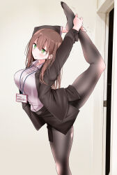 Rule 34 | 1girl, arms up, black coat, black pantyhose, black skirt, breasts, brown hair, coat, collared shirt, commentary request, figure available, green eyes, grey shirt, highres, lapels, large breasts, long hair, long sleeves, looking ahead, ol-chan (oouso), oouso, original, pantyhose, pencil skirt, shirt, skirt, solo, split, standing, standing on one leg, standing split