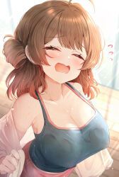 1girl absurdres ahoge armpits black_camisole breasts brown_hair camisole cleavage closed_eyes collarbone commentary_request covered_erect_nipples flying_sweatdrops gakuen_idolmaster gradient_hair hanami_ume highres idolmaster indoors large_breasts light_rays midriff_peek multicolored_hair open_clothes open_shirt orange_hair red_shorts shirt shorts sky_cappuccino solo sunlight sweat white_shirt