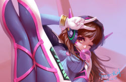 Rule 34 | 1girl, 2016, absurdres, animal print, armor, blue bodysuit, bodysuit, boots, bracer, breasts, brown eyes, brown hair, blowing bubbles, chewing gum, d.va (overwatch), dated, eyelashes, facepaint, facial mark, gloves, hand up, headphones, highres, legs up, long hair, lying, matching hair/eyes, medium breasts, meka (overwatch), on back, one eye closed, overwatch, overwatch 1, pauldrons, pilot suit, rabbit print, ribbed bodysuit, shoulder armor, shoulder pads, signature, skin tight, solo, steven kn, thigh boots, thigh strap, thighhighs, v, whisker markings, white footwear, white gloves