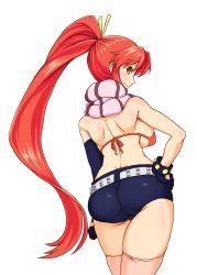 Rule 34 | 1girl, ass, back, backboob, belt, bikini, bikini top only, black gloves, black shorts, blush, breasts, cowboy shot, from behind, gloves, hand on own hip, highres, long hair, medium breasts, ogimaruku, pink thighhighs, ponytail, red hair, scarf, shorts, shoulder blades, simple background, smile, solo, striped clothes, striped scarf, swimsuit, tengen toppa gurren lagann, thighhighs, very long hair, white background, yoko littner