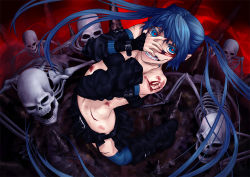 Rule 34 | 1girl, bare shoulders, belt, blood, blue eyes, blue hair, blue nails, boots, bruise, crazy eyes, from above, glasgow smile, grin, hagane miku, hagane vocaloid, hatsune miku, injury, long hair, matching hair/eyes, midriff, nail polish, red eyes, robo8, robo8 (pixiv), skeleton, skirt, smile, solo, thighhighs, twintails, very long hair, vocaloid, zettai ryouiki