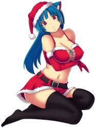 Rule 34 | 1girl, animal ears, bad id, bad pixiv id, belt, black thighhighs, blue hair, breast hold, breasts, cat ears, center opening, christmas, cleavage, collarbone, covered erect nipples, crop top, elbow gloves, gloves, hat, head tilt, highres, kisaragi yakumo, large breasts, long hair, midriff, navel, no shoes, original, pink eyes, red eyes, red gloves, santa costume, santa hat, simple background, sitting, skirt, slit pupils, smile, solo, thighhighs