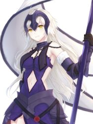 Rule 34 | 1girl, ahoge, armor, armored dress, banner, black gloves, blue dress, breasts, chain, choker, cleavage, clothing cutout, dress, elbow gloves, fate/grand order, fate (series), floating hair, fur trim, gloves, highres, holding, holding weapon, jeanne d&#039;arc (fate), jeanne d&#039;arc alter (avenger) (fate), jeanne d&#039;arc alter (avenger) (third ascension) (fate), jeanne d&#039;arc alter (fate), long hair, medium breasts, midriff, navel, navel cutout, reuri (tjux4555), sideboob, silver hair, simple background, sleeveless, sleeveless dress, smile, solo, standing, stomach, very long hair, weapon, white background, yellow eyes