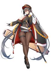 Rule 34 | 1girl, :d, absurdly long hair, absurdres, alternate costume, azur lane, belt, black footwear, black gloves, black hair, black hat, breasts, brown pantyhose, cape, chixiao, cleavage, covered navel, full body, fur-trimmed cape, fur trim, gloves, hair between eyes, hair ribbon, half gloves, hand on own chest, hat, highres, huge breasts, katana, long hair, long sleeves, looking at viewer, military, military uniform, open mouth, pantyhose, peaked cap, red eyes, red ribbon, ribbon, simple background, skindentation, smile, solo, sword, taihou (azur lane), thigh gap, thigh strap, twintails, uniform, very long hair, weapon, white background