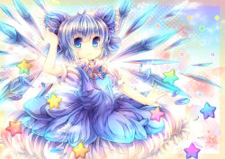 Rule 34 | 1girl, arm up, blue eyes, blue hair, cirno, coa (chroo x), dress, ice, ice wings, matching hair/eyes, short hair, smile, solo, star (symbol), touhou, wings
