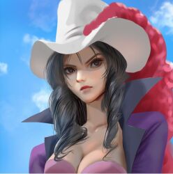 Rule 34 | 1girl, alvida (one piece), black eyes, black hair, blue sky, closed mouth, cloud, cloudy sky, cowboy hat, hat, hat feather, long hair, one piece, outdoors, realistic, sky, solo, tony maverick, white hat
