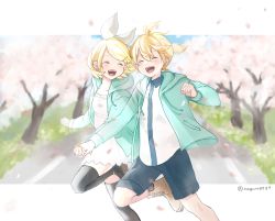 Rule 34 | 1boy, 1girl, aqua jacket, binchou maguro, black thighhighs, blonde hair, blush, boots, bow, brother and sister, cherry blossoms, closed eyes, commentary, denim, denim shorts, dress, facing another, feet out of frame, grass, holding hands, hood, hooded jacket, jacket, kagamine len, kagamine rin, leg up, letterboxed, light blush, open mouth, road, running, shirt, short hair, short ponytail, shorts, siblings, smile, spiked hair, street, thighhighs, tree, twins, twitter username, vocaloid, white bow, white dress, white shirt