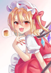 Rule 34 | 1girl, :d, absurdres, blonde hair, blurry, blurry foreground, blush, bow, crystal, depth of field, drooling, fang, finger to face, fingernails, flandre scarlet, food, frills, gradient background, grey background, hair bow, hand up, hat, highres, leaning forward, long fingernails, looking at viewer, mob cap, mouth drool, nail polish, one side up, open mouth, pudding, puffy short sleeves, puffy sleeves, red bow, red eyes, red nails, red skirt, red vest, sasami iina, short sleeves, simple background, sitting, skin fang, skirt, skirt set, smile, solo, spoken food, thought bubble, touhou, v-shaped eyebrows, vest, wings