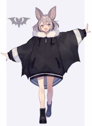 Rule 34 | 1girl, :d, animal ears, bare legs, bat (animal), bat ears, bat girl, black footwear, black jacket, brown eyes, commentary, drawstring, fangs, full body, fur trim, jacket, long sleeves, looking at viewer, open mouth, original, outstretched arms, shoes, short hair, shugao, silver hair, smile, solo, thighs, walking, zipper pull tab