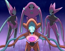 Rule 34 | alternate color, black eyes, commentary request, creatures (company), deoxys, deoxys (attack), deoxys (defense), deoxys (normal), deoxys (speed), game freak, gen 3 pokemon, glowing, hollow eyes, mythical pokemon, nintendo, outdoors, pokemon, pokemon (creature), space, sparkle, spikes, tentacles, zhen xionggui
