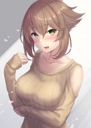 Rule 34 | 1girl, alternate costume, breasts, brown hair, brown sweater, clothing cutout, collarbone, flipped hair, green eyes, highres, kantai collection, large breasts, long sleeves, monoku, mutsu (kancolle), short hair, shoulder cutout, solo, sweater, upper body