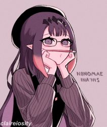 Rule 34 | 1girl, artist name, balancing, black ribbon, bow, bowtie, character name, claireiosity, elbows on table, eyebrows, eyelashes, female focus, fingernails, glasses, grey sweater, hat, headband, hololive, hololive english, light blush, long hair, long sleeves, looking at viewer, multicolored hair, ninomae ina&#039;nis, ninomae ina&#039;nis (casual), overalls, pale skin, pencil, pink hair, portrait, puckered lips, purple background, purple eyes, purple hair, ribbon, sleeves past elbows, solo, solo focus, sweater, twitter username, two-tone hair, very long hair, virtual youtuber, watermark