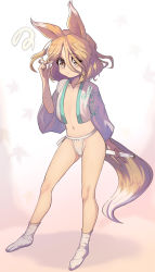 Rule 34 | 1girl, animal ears, brown eyes, closed mouth, dated, flat chest, fox ears, fox girl, fox tail, full body, fundoshi, hair between eyes, hand in own hair, highres, holding, holding test tube, japanese clothes, kudamaki tsukasa, light brown hair, looking at viewer, navel, short hair, socks, solo, standing, syope, tail, test tube, thighs, touhou, white socks