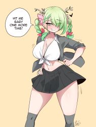 Rule 34 | 1girl, antlers, body blush, braid, braided bangs, branch, breasts, britney spears, ceres fauna, cleavage, curvy, dated, english text, flower, green hair, hair flower, hair ornament, hand on own hip, highres, hololive, hololive english, horns, knee socks, large breasts, long hair, looking at viewer, midriff, miniskirt, motion lines, multicolored hair, navel, ryou sakai, shirt, signature, skirt, solo, speech bubble, standing, thick thighs, thighs, tied shirt, virtual youtuber, watermark, wide hips, yellow eyes