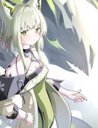 Rule 34 | 1girl, absurdres, animal ear fluff, animal ears, arknights, black choker, blonde hair, breasts, cat ears, choker, cleavage, closed mouth, detached sleeves, dress, eyebrows hidden by hair, from side, green dress, green eyes, hand on own hip, highres, kal&#039;tsit (arknights), looking to the side, material growth, medium breasts, medium hair, oripathy lesion (arknights), sidelocks, sleeves past wrists, solo, spam (spamham4506), upper body