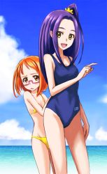Rule 34 | 10s, 2girls, :d, :o, age difference, beach, bikini, blue one-piece swimsuit, blue sky, blush, bob cut, breasts, brown eyes, child, cloud, day, diskmonkey, embarrassed, flat chest, glasses, height difference, hiding, kurokawa eren, long hair, looking at viewer, looking back, multiple girls, ocean, one-piece swimsuit, one side up, open mouth, orange eyes, orange hair, outdoors, parted bangs, peeking, pink-framed eyewear, pointing, precure, profile, purple hair, school swimsuit, scrunchie, seiren (suite precure), semi-rimless eyewear, shirabe ako, short hair, shy, side ponytail, sidelocks, size difference, sky, small breasts, smile, standing, string bikini, suite precure, summer, swimsuit, under-rim eyewear, water, yellow bikini, yellow eyes