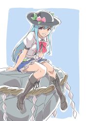 Rule 34 | 1girl, black hat, blue background, blue hair, blue sky, boots, border, bow, bowtie, brown eyes, brown footwear, collared shirt, food, frilled skirt, frills, fruit, fruit hat ornament, full body, grin, gyouza (mhea5724), hat, highres, hinanawi tenshi, keystone, knee boots, leaf, long hair, peach hat ornament, puffy short sleeves, puffy sleeves, rainbow order, red bow, red bowtie, rock, shirt, short sleeves, simple background, sitting, skirt, sky, smile, solo, touhou, very long hair, white border, white shirt