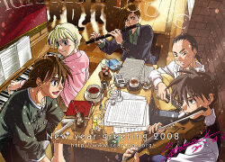 5boys black_hair blonde_hair bones_(instrument) bouzouki brown_hair cassette_player chang_wufei collared_shirt dated drink duo_maxwell earbuds earphones fiddle flute from_outside gundam gundam_wing heero_yuy instrument irish_bouzouki irish_flute kamibata_yuuma lowres multiple_boys music new_year photo-referenced piano pink_shirt playing_instrument quatre_raberba_winner saucer sheet_music shirt solas_(band) table trowa_barton violin watermark web_address