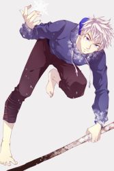 Rule 34 | 1boy, animification, barefoot, blue eyes, hood, hoodie, jack frost (rise of the guardians), magic, male focus, rise of the guardians, sara666, silver hair, snowflakes, solo, staff