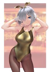 Rule 34 | 1girl, alternate costume, arms up, bare arms, bare shoulders, blue eyes, blurry, breasts, commentary request, competition swimsuit, cowboy shot, gloves, gold one-piece swimsuit, hair ornament, hair over one eye, hairclip, hamakaze (kancolle), highres, kantai collection, large breasts, looking at viewer, one-piece swimsuit, pantyhose, pantyhose under swimsuit, shiny swimsuit, short hair, silver hair, solo, swimsuit, wa (genryusui), white gloves