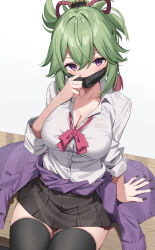 Rule 34 | 1girl, absurdres, alternate costume, black mask, black nails, black thighhighs, bow, bowtie, breasts, cardigan, cleavage, clothes around waist, collarbone, genshin impact, green hair, highres, kuki shinobu, large breasts, looking at viewer, loose bowtie, mask, miniskirt, mouth mask, pleated skirt, purple eyes, purple sweater, red bow, red bowtie, school uniform, shirt, sitting, skirt, solo, suiroh (shideoukami), sweater, sweater around waist, thighhighs, thighs, white shirt, zettai ryouiki