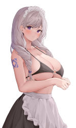 Rule 34 | 1girl, absurdres, apron, arm tattoo, bare arms, bikini, bikini top only, black bikini, black skirt, braid, breasts, cleavage, commentary, english commentary, frilled apron, frills, grey hair, halterneck, high-waist skirt, highres, kiro (kirotayu), large breasts, maid apron, maid headdress, o-ring, o-ring top, original, parted lips, purple eyes, shoulder tattoo, simple background, skirt, solo, swept bangs, swimsuit, tattoo, twin braids, white apron, white background