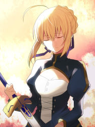 Rule 34 | 1girl, ahoge, artoria pendragon (fate), blonde hair, dress, excalibur (fate/stay night), closed eyes, fate/stay night, fate (series), saber (fate), sanae (satansanae), solo