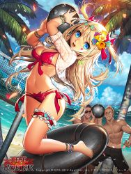 Rule 34 | 1girl, 2boys, ankleband, anklet, arms up, bad id, bad twitter id, ball, barefoot, beach, bikini, black male swimwear, blonde hair, blue eyes, bracelet, breasts, bridal garter, character request, cleavage, copyright name, facial mark, flower, front-tie top, furyou michi ~gang road~, gang road joker, hair flower, hair ornament, holding, holding ball, innertube, jacket, jewelry, lace, long hair, looking at viewer, lots of jewelry, male swimwear, mandrill, multiple boys, nail polish, navel, official art, palm tree, petals, red bikini, see-through, smile, swim ring, swim trunks, swimsuit, toenail polish, toenails, tree, two side up, volleyball net, watermark, wristband