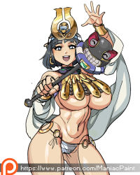 Rule 34 | 1girl, ancient princess menace, bikini, bikini bottom only, black hair, breasts, contrapposto, egyptian, hagoromo, headpiece, highres, hood, huge breasts, japanese clothes, maniacpaint, menace (queen&#039;s blade), menace (queen's blade), navel, queen&#039;s blade, revealing clothes, shawl, sketch, solo, standing, swimsuit, thick thighs, thighs, underboob