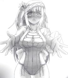 Rule 34 | 1girl, absurdres, ainu clothes, animal ears, aquaplus, arms up, blush, breasts, cleavage, cleavage cutout, clothing cutout, collarbone, cowboy shot, flower, flower on head, greyscale, hair between eyes, hairband, highres, hirahiratwo, large breasts, long hair, looking at viewer, monochrome, nose blush, open mouth, sidelocks, sleeveless, solo, standing, suzuri (utawarerumono: lost flag), swimsuit, thighs, utawarerumono, utawarerumono: lost flag, very long hair, wristband