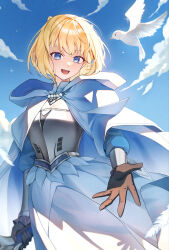 Rule 34 | 1girl, bird, blonde hair, blue eyes, breasts, brown dust 2, chest armor, cloak, cloud, falling feathers, feathers, feet out of frame, gahi, gloves, highres, holding, holding sword, holding weapon, hood, hooded cloak, justia (brown dust), medium breasts, outstretched hand, short hair, small horns, sunlight, sword, teeth, upper teeth only, vambraces, weapon