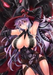 Rule 34 | 10s, 1girl, arms up, bare shoulders, belt, between breasts, bow, breasts, buckle, cleavage, closed mouth, cowboy shot, female focus, gloves, glowing, glowing eyes, granblue fantasy, hair between eyes, hat, hat bow, huge breasts, kimura neito, lace, large breasts, long hair, looking at viewer, magisa (granblue fantasy), monster, morax (granblue fantasy), purple hair, red eyes, side slit, sleeveless, smile, solo, very long hair, witch hat