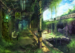Rule 34 | abandoned, ghost, green theme, mamuru, no humans, original, overgrown, plant, post-apocalypse, scenery, train station