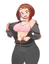Rule 34 | 1girl, abs, boku no hero academia, brown eyes, brown hair, collarbone, cowboy shot, hanzo (2929), highres, open mouth, pink sports bra, short hair, simple background, solo, sports bra, thick thighs, thighs, toned, track suit, uraraka ochako, white background, zipper
