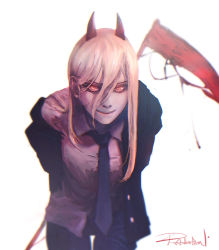 Rule 34 | 1girl, absurdres, blonde hair, blood drip, chainsaw man, collared shirt, cross-shaped pupils, hair between eyes, hemokinesis, highres, holding, holding scythe, horns, jacket, jacket partially removed, leaning forward, long hair, necktie, power (chainsaw man), rakutoooon, red eyes, red horns, scythe, shirt, shirt partially tucked in, simple background, smile, solo, symbol-shaped pupils, white background, white shirt