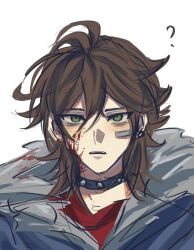 Rule 34 | 1boy, ?, ahoge, bandaid, bandaid on face, black collar, blood, blood in hair, blood on clothes, blood on face, blue jacket, brown hair, chinese commentary, collar, commentary request, fur-trimmed jacket, fur trim, green eyes, highres, isoi reiji, jacket, looking at viewer, male focus, medium hair, open mouth, portrait, red shirt, saibou shinkyoku, sanpaku, shirt, simple background, sketch, solo, spiked collar, spikes, white background, yu ta