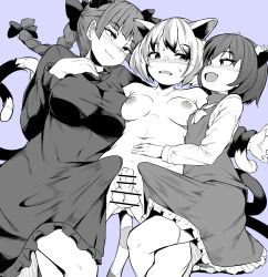 Rule 34 | 3girls, animal ear fluff, animal ears, blush, bow, breasts, breasts apart, bulge, cat ears, cat tail, censored, chen, clothed female nude female, color background, dress, erection, erection under clothes, fang, flat chest, full-package futanari, futanari, goutokuji mike, group sex, highres, juliet sleeves, kaenbyou rin, large breasts, large penis, long sleeves, makin tama, medium breasts, multiple girls, multiple tails, nude, penis, penis size difference, pointless censoring, puffy sleeves, ribbon, skin fang, skirt, small breasts, small penis, sweatdrop, tail, testicles, thighhighs, threesome, touhou, twintails, two tails