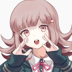 Rule 34 | 1girl, :o, arata (xin), bad id, bad pixiv id, black jacket, commentary request, danganronpa (series), danganronpa 2: goodbye despair, dot nose, flipped hair, hair ornament, hairclip, highres, jacket, light brown hair, long sleeves, nanami chiaki, open clothes, open jacket, open mouth, pink eyes, pink neckwear, portrait, shirt, short hair, simple background, solo, teeth, upper teeth only, white background, white shirt