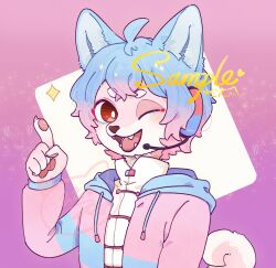 Rule 34 | 1boy, :d, animal ears, artist name, blue hair, dog boy, dog ears, fangs, furry, furry male, gradient hair, hand up, headset, highres, hua hua de meme, index finger raised, jacket, multicolored hair, open mouth, original, pink hair, pink jacket, purple background, red eyes, sample watermark, shirt, smile, solo, upper body, watermark, white shirt
