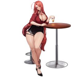 Rule 34 | 1girl, ahoge, alcohol, bar stool, beast hunter (last origin), belt, between breasts, black belt, black bra, black collar, black footwear, black shorts, bra, bra peek, bracelet, breasts, buttons, cherry, cleavage, collar, cross, cross earrings, cup, drink, drinking glass, earrings, elbow on table, food, footrest, fruit, full body, hair intakes, hand on table, high heels, highres, holding, holding cup, holding drink, huge ahoge, jewelry, large breasts, last origin, leather shorts, long hair, looking at viewer, nail polish, o-ring strap, o-ring suspenders, official alternate costume, official art, parted lips, partially unbuttoned, red eyes, red hair, red nails, red shirt, round table, shirt, shorts, shot glass, simple background, sitting, sleeves rolled up, solo, stool, strappy heels, suspenders, table, tachi-e, thick eyebrows, thick thighs, thigh strap, thighs, third-party source, transparent background, tunamayo (dsasd751), underwear, very long hair, wooden table