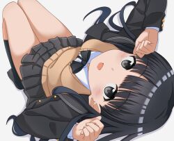 Rule 34 | 1girl, :o, amagami, ayatsuji tsukasa, black bow, black bowtie, black eyes, black hair, black skirt, blazer, blush, bow, bowtie, commentary request, feilong (rong0102), highres, jacket, kibito high school uniform, kneehighs, long hair, long sleeves, looking at viewer, lying, on back, open mouth, pleated skirt, school uniform, shirt, simple background, skirt, socks, solo, tan sweater, very long hair, white background, white shirt