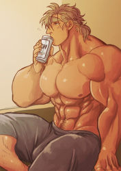 Rule 34 | 1boy, abs, bara, beer, bulge, can, looking away, male focus, marototori, muscular, pectorals, topless male, sitting, solo