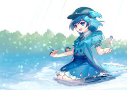 Rule 34 | 1girl, adapted costume, ainy, animal, animal on arm, bad id, bad pixiv id, bird, bird on arm, bird on hand, blouse, blue eyes, blue hair, boots, floating, floating object, full body, hair bobbles, hair ornament, hat, hood, hooded jacket, jacket, kawashiro nitori, key, puffy short sleeves, puffy sleeves, rubber boots, shirt, short hair, short sleeves, sitting, skirt, skirt set, touhou, tree, two side up, wariza, water