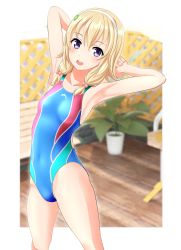 Rule 34 | 1girl, absurdres, arms behind head, bench, blonde hair, blue one-piece swimsuit, blurry, blurry background, breasts, competition swimsuit, covered navel, cowboy shot, hair bobbles, hair ornament, hairband, high school fleet, highres, medium hair, multicolored clothes, multicolored swimsuit, one-piece swimsuit, open mouth, plant, potted plant, purple hair, small breasts, solo, standing, swimsuit, takafumi, wakasa reo, white hairband